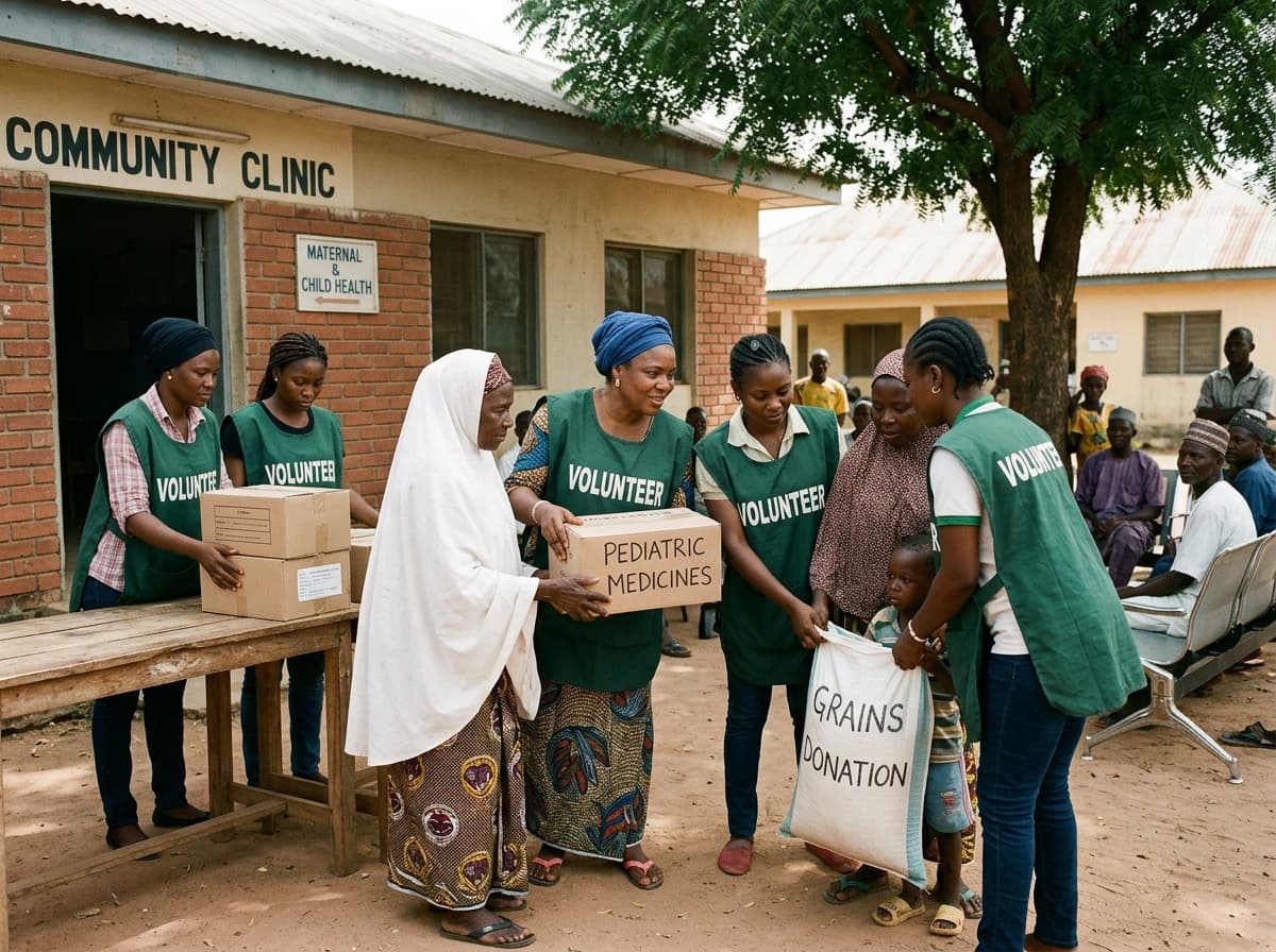 Reliable Sisters volunteers delivering medical crates and food grains to a community clinic in Abuja