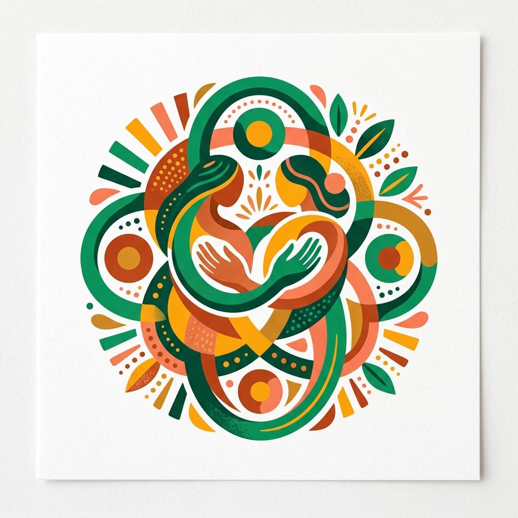 Abstract colorful emblem representing sisterhood, compassion, and unity